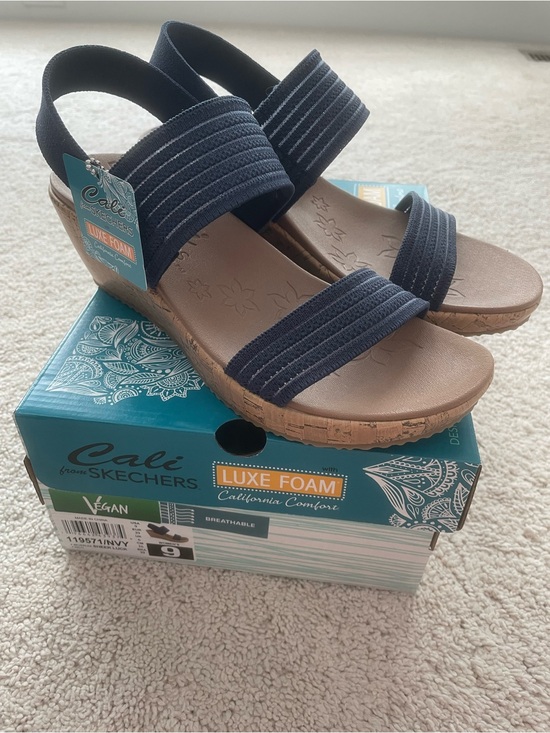 Skechers Shoes - Skechers Cali Navy Elastic Strap Wedge Sandals with Cork-Look Sole